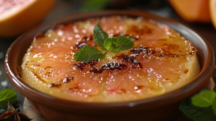 Poster - gourmet desserts, a sophisticated fruit dessert grapefruit brulee with caramelized sugar, perfect for special occasions and a touch of elegance