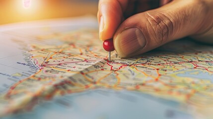 Female hand using a pin to mark a location on a map, highlighting travel planning and logistics