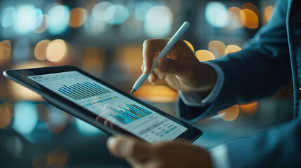 Businessman Hand Pointing at a Tablet Screen Displaying Graphs and Charts, Studies Charts on a Tablet, Exploring Financial Trends on a Tablet, bokeh effect background