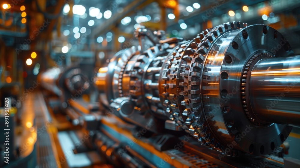 Close-up of heavy machinery operating in a factory, precision ...