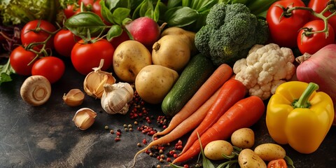 Wall Mural - A variety of fresh vegetables and spices arranged on a rustic wooden table, showcasing a colorful and natural food selection.