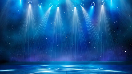 Illuminated stage with dramatic blue lighting and spotlights, ideal for performances or events