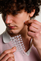 dermatological acne patches or stickers to absorb excess fluids from pimple. quick dealing with pimp