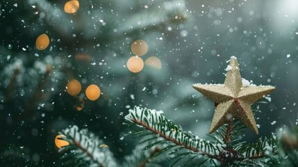 Christmas tree with star under falling snow