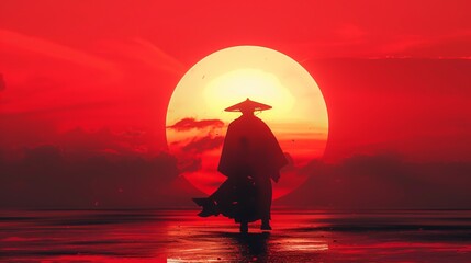 Sticker - A lone samurai stands with a raised sword against a vast, scarlet sunset, embodying strength, courage, and the striking contrast between light and darkness, surrounded by clouds.