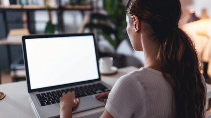 Over shoulder shot of a young Woman using computer laptop in front of an blank white computer screen in home