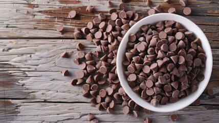 Wall Mural - Chocolate chips in bowl on rustic wooden table