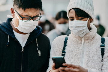 Poster - People, outside and face mask with smartphone in city, news and covid or new variant update on app. Social media, awareness notification and couple online, public safety and message on pandemic blog