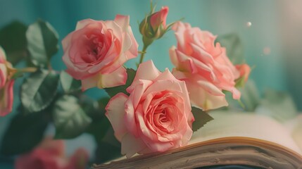 Canvas Print - Selective focus on roses with high key effect in book