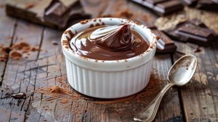 Wall Mural - Rich chocolate mousse in white ramekin with spoon on rustic table