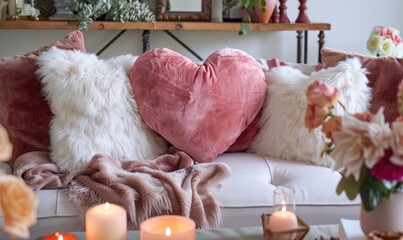 Wall Mural - A couch is covered in pink and white pillows and a heart shaped pillow