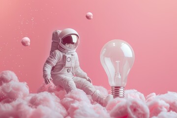 Sticker - A man in a white spacesuit sits on a cloud of pink cotton candy