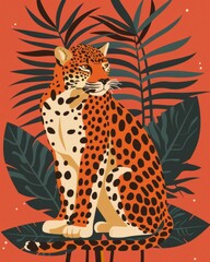 Poster - A colorful drawing of a leopard sitting on a leafy plant