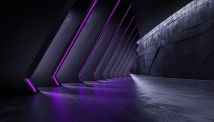 Poster - A long, narrow room with purple walls and purple lines