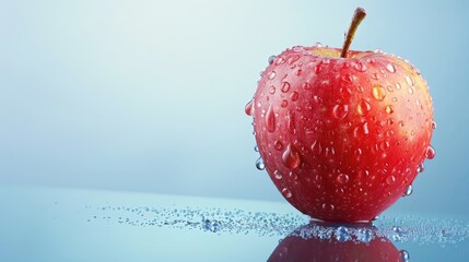 Poster - Fresh and juicy red apple with water droplets on white and light blue gradient background