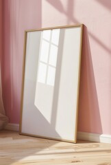 Wall Mural - A large white framed mirror sits on a wooden floor in a room with a pink wall