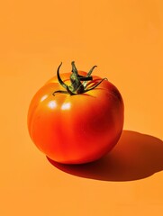 Wall Mural - A tomato is sitting on a table with a yellow background