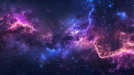 Wall Mural - horizontal background banner showcasing a night starry sky and bright purple-blue galaxy, creating a