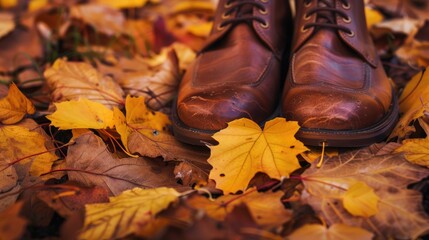 Wall Mural - Men s Leather Brown Shoes on Autumnal Leaves Space for Text