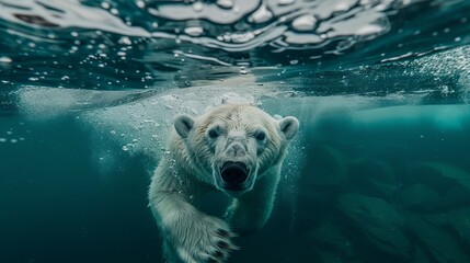 Wall Mural - A compelling view of a polar bear swimming underwater, with its face and paw prominently visible, showcasing the unique perspective of the majestic creature in its aquatic element.