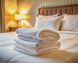 Freshly laundered white towel neatly folded on a plush bed in a modern hotel room, conveying comfort and luxury for guests to unwind and relax.