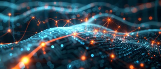 Abstract digital network with glowing binary code lines, technology background, AI data flow.