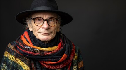 Senior European individual wearing a vibrant contemporary version of traditional clothing captured in high detail posing confidently in a studio Stock Photo with copy space