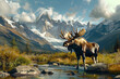 © Jennifer Clason - A majestic moose stands in a natural landscape with snow-capped mountains in the background