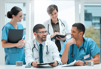 Canvas Print - Paperwork, teamwork and doctors laughing in meeting for medical diagnosis, discussion or wellness. Joke, happy and people in funny conversation for collaboration, consulting or healthcare service