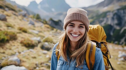 Wall Mural - A cheerful young woman wearing a brown beanie and denim jacket, hiking in a mountainous landscape with a yellow backpack, enjoying the outdoors on a sunny day.