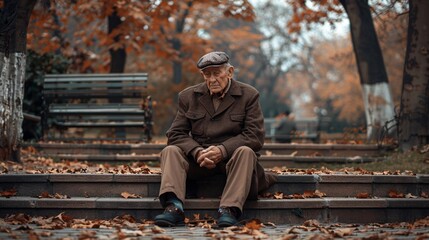 Elderly European person in old worn-out clothes sitting on the steps of a public park looking distressed and tearful Stock Photo with copy space