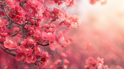 Poster - Pink Japanese quince tree in full bloom with copy space background