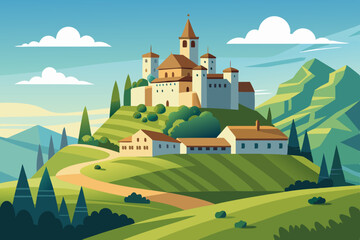 Wall Mural - Castle Mountains Landscape. Travel Rural nature european background. Castle building on the hill skyline. stock illustration