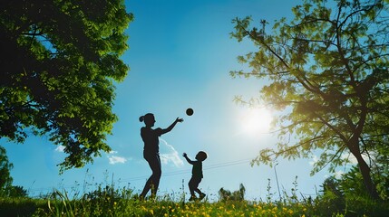 Wall Mural - Mother and little son playing ball on grass in summer park. 