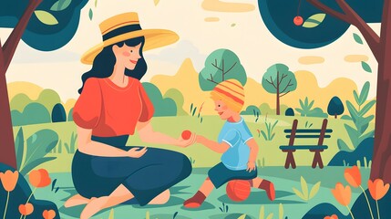 Wall Mural - Mother and little son playing ball on grass in summer park. 