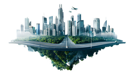 Wall Mural - flying island with road and modern city isolate on white background 