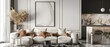 © Gambar Upi - Mockup poster frame on the wall of living room with kitchen and dining room. Luxurious apartment background with contemporary design. Modern interior design