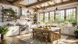 © DigitalArt Max - Warm sunlight illuminates a beautifully styled modern farmhouse kitchen with vibrant decorative accents, rustic wood, and sleek appliances.