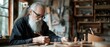© Natalia - A man with a long white beard working on wooden carvings. AI.