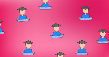 Wall Mural - Image of boy wearing graduation hat icons in seamless pattern against pink gradient background