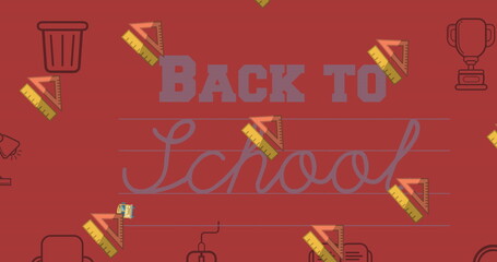 Canvas Print - Image of back to school text over school items icons on red background