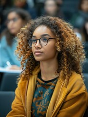 Poster - Portrait of a young female college student sitting in a lecture hall, listening attentively to the professor. AI.