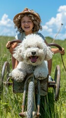 Wall Mural - A happy girl rides a tricycle with her dog in a field. AI.