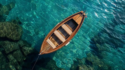 a wooden rowboat tied at its bow sits on crystal-clear, turquoise waters under the daylight sky, exu