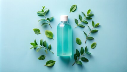 Serene pastel blue background adorned with fresh green leaves surrounds a plastic bottle of gentle, eco-friendly herbal facial toner.