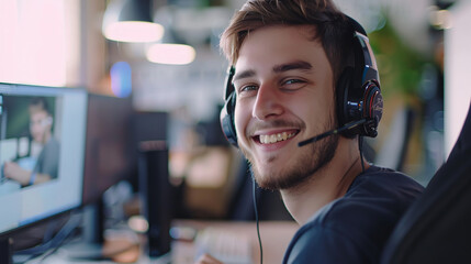 Wall Mural - Portrait of a handsome man smiling while working on a computer with a headset.