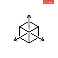 Black single isometric cube with axes line icon, simple tridimensional coordinate Spaces flat design pictogram vector for app ads web banner ui ux interface element isolated on white background