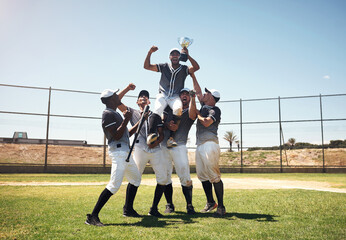 Poster - Baseball field, men and team in celebration, trophy and prize for goals, performance or winning contest. People, group and diversity with support, cheers or happy on pitch for competition in Boston