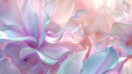 Wall Mural - Elegant abstraction of pastel flower petals in shades of pink and blue, flowing gracefully and creating a soothing, dreamy atmosphere captured in soft-focus detail.