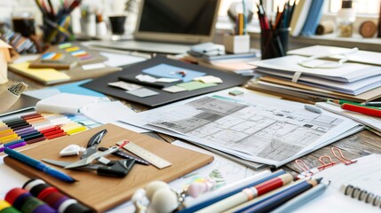 Sticker - desk of interior designer with projects showing plans, sample boards. 